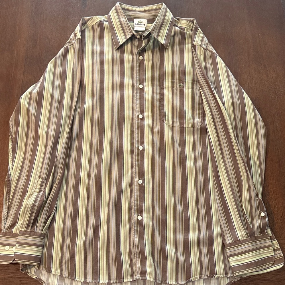 Lacoste Green and Brown Striped Casual Shirt Size 42 or Large